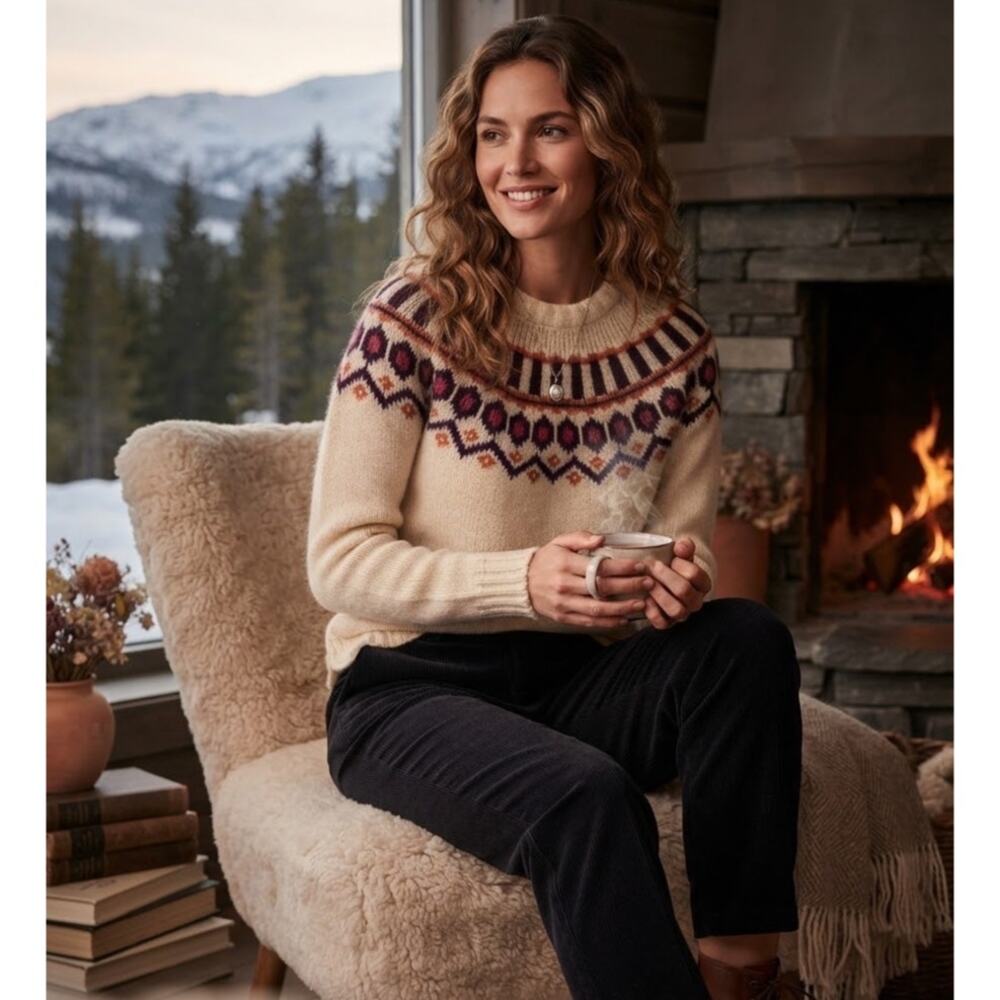 Kari Traa Ringheim Knit Sweater Ivory Wool Alpaca Blend Fair Isle Medium